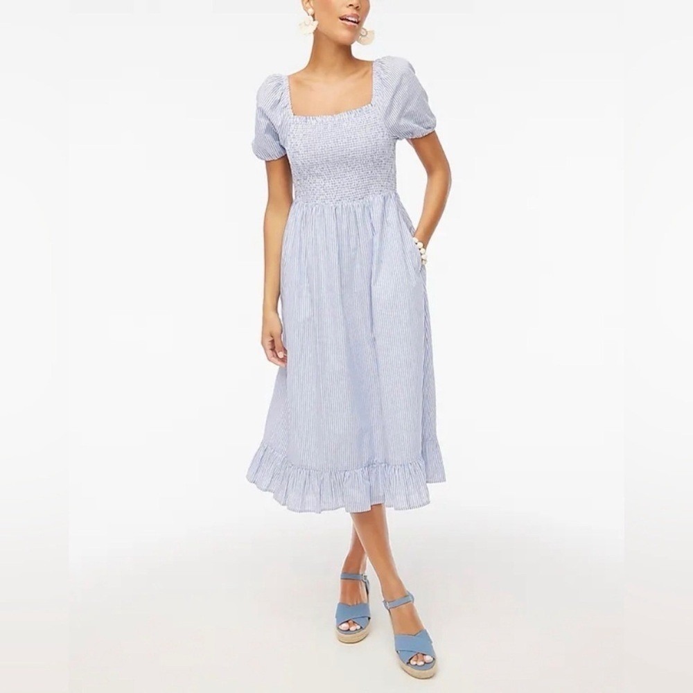 NWT J. Crew Striped Smocked Puff Sleeve Midi Dress in‎ Blue White Size XS